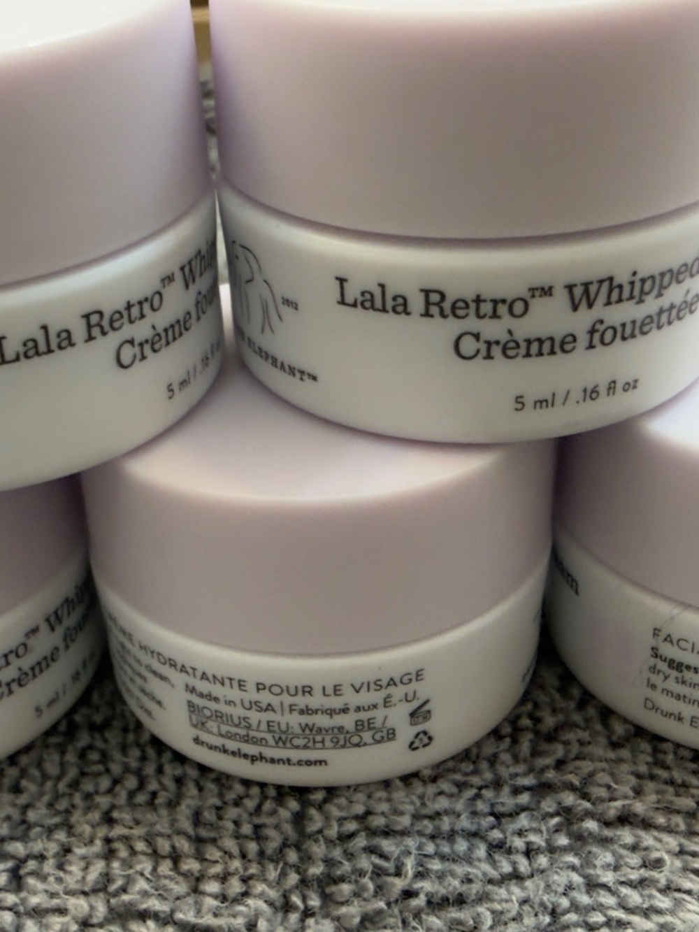 5 - New ! 5 ml Drunk Elephant Lala Retro Whipped Cream - Lavender Top, White Jar